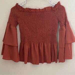 Rust Smocked Off-Shoulder Blouse with Tiered Bell Sleeves